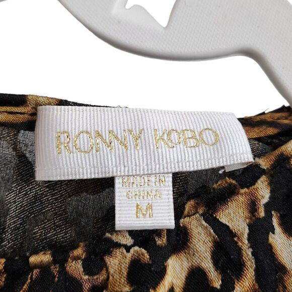 Ronny Kobo Blouse Medium Brown Chiara‎ Velvet Animal Print Top Zip Longsleeve - Picture 2 of 10
